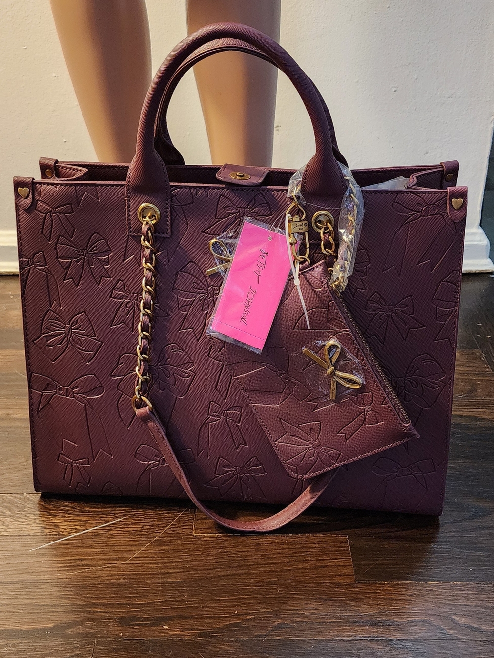 Betsey Johnson Plum Embossed Bow Tote with Chain Accents